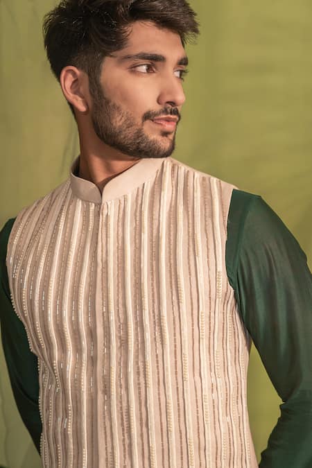 Shop_Runit Gupta_Pink Linen, Cotton Pearls, Cut Work Embroidered Dori Stripe Nehru Jacket _Online_at_Aza_Fashions