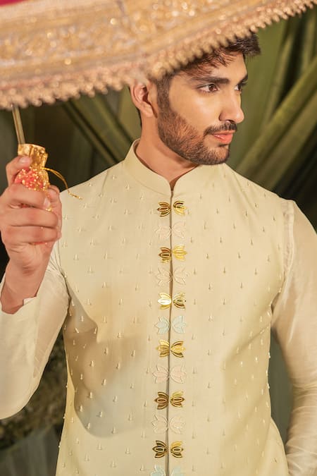 Runit Gupta_Ivory Chanderi Silk, Velvet Hand Dyed Kurta Set _at_Aza_Fashions