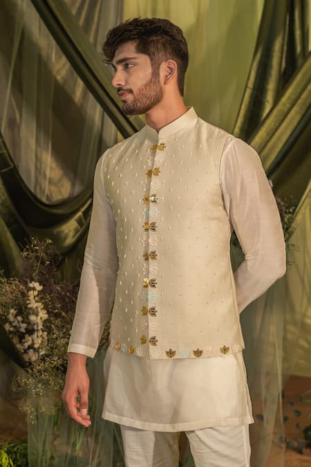 Runit Gupta_Cream Chanderi Silk Embroidery, Applique Lotus Motifs Nehru Jacket _Online_at_Aza_Fashions