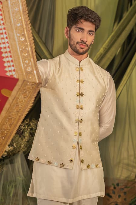 Buy_Runit Gupta_Cream Chanderi Silk Embroidery, Applique Lotus Motifs Nehru Jacket _Online_at_Aza_Fashions