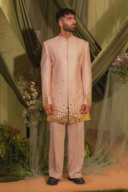 Buy_Runit Gupta_Pink Chanderi Silk, Velvet Mirrors Motif Achkan Set _Online_at_Aza_Fashions