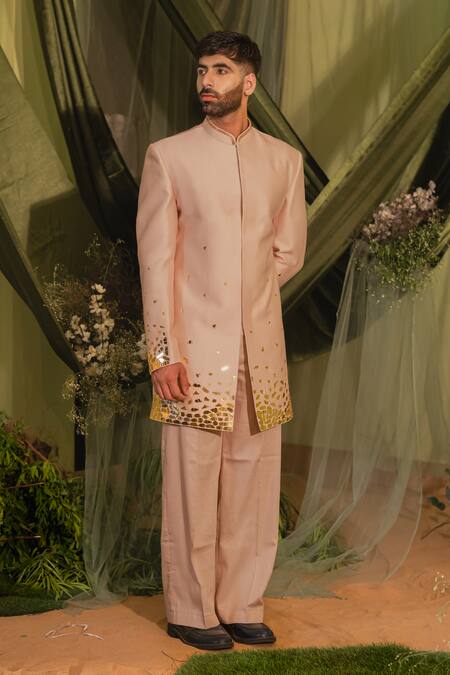 Shop_Runit Gupta_Pink Chanderi Silk, Velvet Mirrors Motif Achkan Set _Online_at_Aza_Fashions