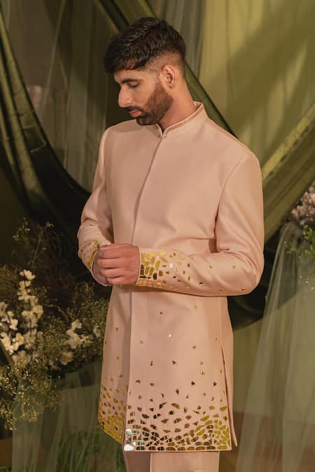 Runit Gupta_Pink Chanderi Silk, Velvet Mirrors Motif Achkan Set _at_Aza_Fashions