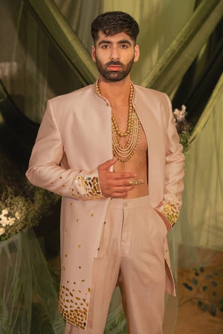 Buy_Runit Gupta_Pink Chanderi Silk, Velvet Mirrors Motif Achkan Set 