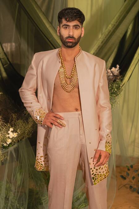 Shop_Runit Gupta_Pink Chanderi Silk, Velvet Mirrors Motif Achkan Set 