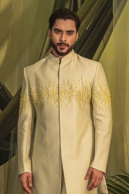 Buy_Runit Gupta_Green Chanderi Silk, Velvet Pearls, Cut Vine Embroidered Bandhgala And Pant Set _Online_at_Aza_Fashions