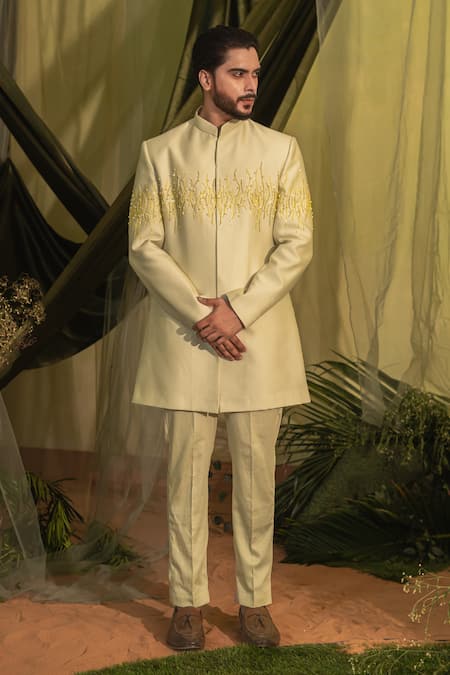 Shop_Runit Gupta_Green Chanderi Silk, Velvet Pearls, Cut Vine Embroidered Bandhgala And Pant Set _Online_at_Aza_Fashions