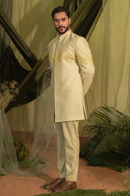 Runit Gupta_Green Chanderi Silk, Velvet Pearls, Cut Vine Embroidered Bandhgala And Pant Set _at_Aza_Fashions