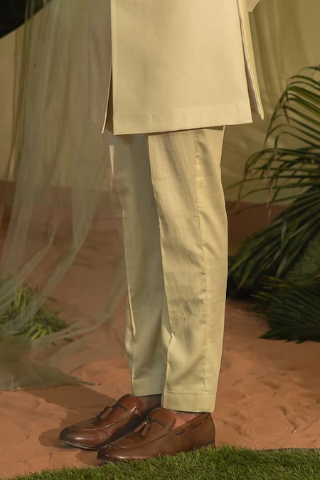 Buy_Runit Gupta_Green Chanderi Silk, Velvet Pearls, Cut Vine Embroidered Bandhgala And Pant Set 