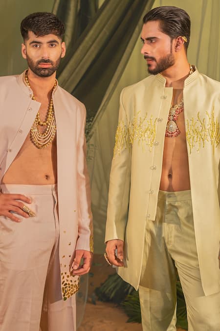 Shop_Runit Gupta_Green Chanderi Silk, Velvet Pearls, Cut Vine Embroidered Bandhgala And Pant Set 