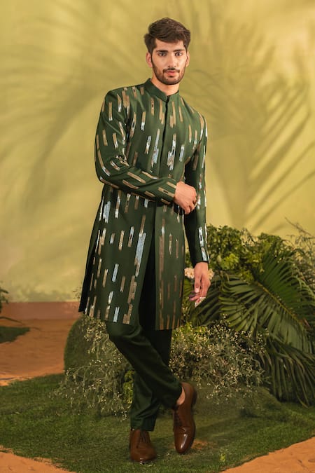 Runit Gupta Cutpipe Embroidered Green Sherwani & Pyjama 