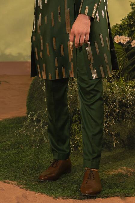 Buy_Runit Gupta_Green Chanderi Silk, Velvet Mirrors, Cut Cutpipe Embroidered Sherwani And Pyjama _Online_at_Aza_Fashions