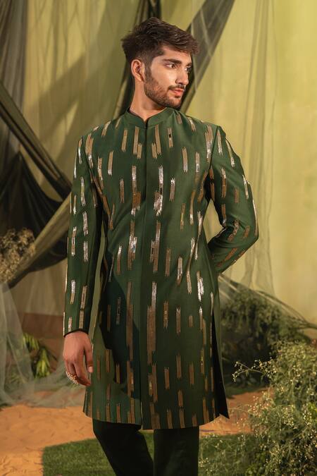 Shop_Runit Gupta_Green Chanderi Silk, Velvet Mirrors, Cut Cutpipe Embroidered Sherwani And Pyjama _Online_at_Aza_Fashions