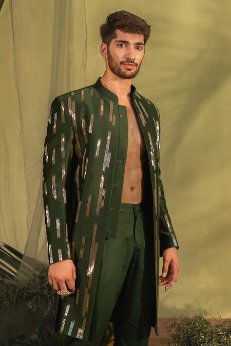 Runit Gupta_Green Chanderi Silk, Velvet Mirrors, Cut Cutpipe Embroidered Sherwani And Pyjama _at_Aza_Fashions