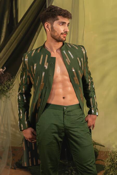 Shop_Runit Gupta_Green Chanderi Silk, Velvet Mirrors, Cut Cutpipe Embroidered Sherwani And Pyjama 