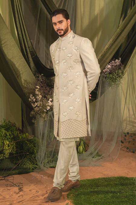 Buy_Runit Gupta_Gray Chanderi Silk, Velvet Beads, Pearls Lotus Embroidered Sherwani Set _Online_at_Aza_Fashions