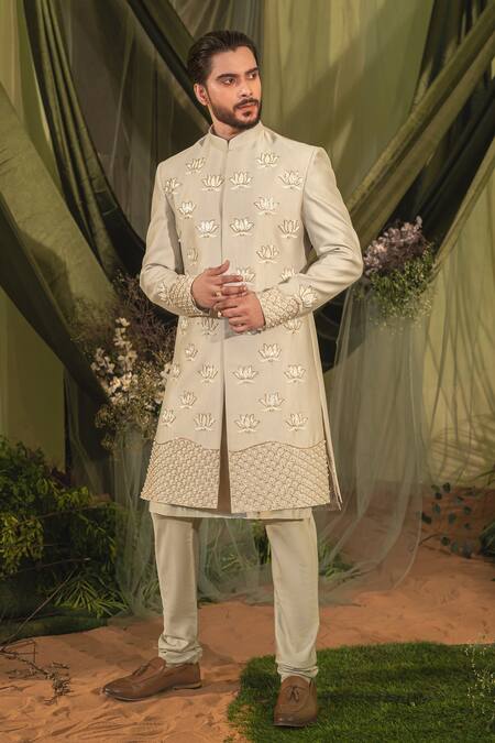 Shop_Runit Gupta_Gray Chanderi Silk, Velvet Beads, Pearls Lotus Embroidered Sherwani Set _Online_at_Aza_Fashions