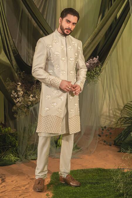 Runit Gupta_Gray Chanderi Silk, Velvet Beads, Pearls Lotus Embroidered Sherwani Set _at_Aza_Fashions