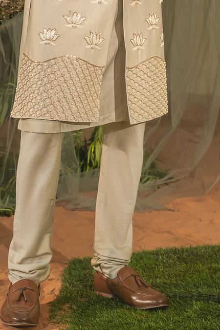 Buy_Runit Gupta_Gray Chanderi Silk, Velvet Beads, Pearls Lotus Embroidered Sherwani Set 