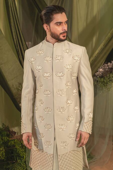 Shop_Runit Gupta_Gray Chanderi Silk, Velvet Beads, Pearls Lotus Embroidered Sherwani Set 
