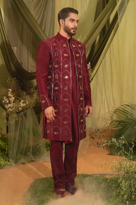 Runit Gupta Red Mughal Jaal Embroidered Sherwani Set 