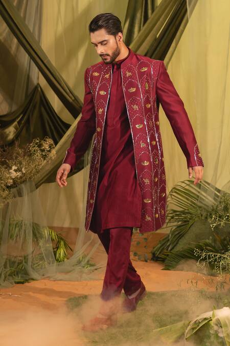 Shop_Runit Gupta_Red Chanderi Silk Embroidery Mughal Jaal Sherwani Set _Online_at_Aza_Fashions