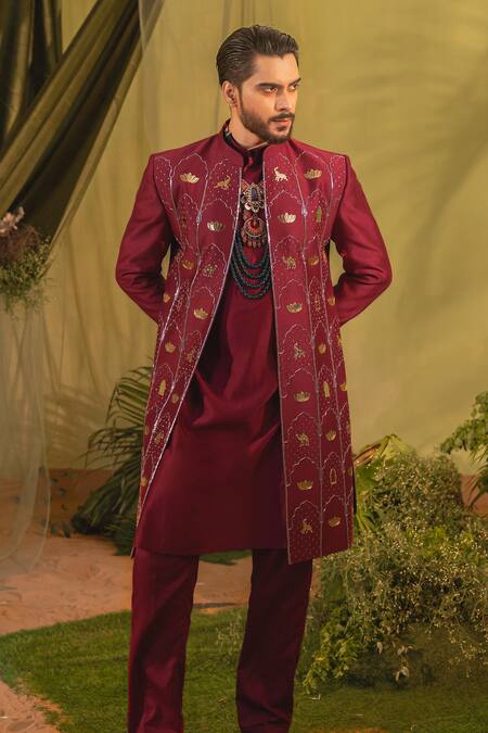 Buy_Runit Gupta_Red Chanderi Silk Embroidery Mughal Jaal Sherwani Set 