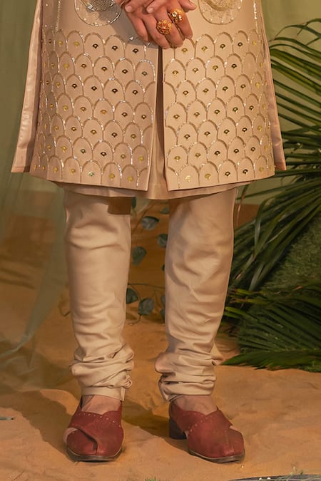 Runit Gupta_Peach Chanderi Silk, Velvet Pearls, Beads, Embroidery Hamza Motif Sherwani Set _Online_at_Aza_Fashions
