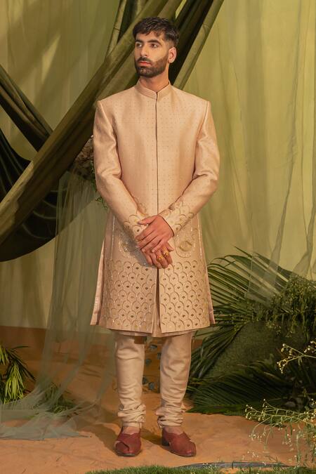 Buy_Runit Gupta_Peach Chanderi Silk, Velvet Pearls, Beads, Embroidery Hamza Motif Sherwani Set _Online_at_Aza_Fashions
