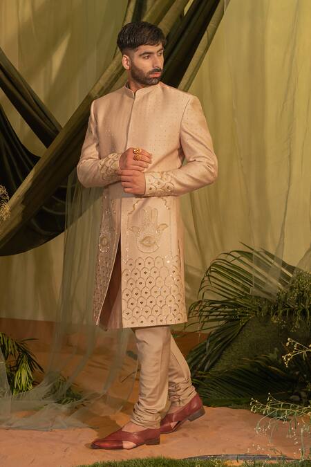 Shop_Runit Gupta_Peach Chanderi Silk, Velvet Pearls, Beads, Embroidery Hamza Motif Sherwani Set _Online_at_Aza_Fashions