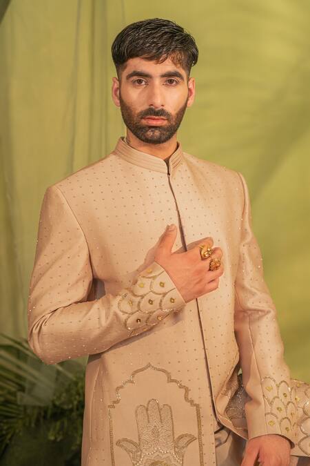 Buy_Runit Gupta_Peach Chanderi Silk, Velvet Pearls, Beads, Embroidery Hamza Motif Sherwani Set 
