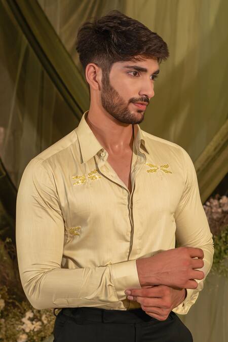 Buy_Runit Gupta_Beige Velvet Embroidery Dragonfly Hand Shirt _Online_at_Aza_Fashions