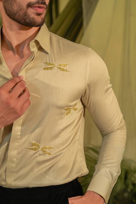 Shop_Runit Gupta_Beige Velvet Embroidery Dragonfly Hand Shirt _Online_at_Aza_Fashions