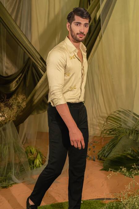 Buy_Runit Gupta_Beige Velvet Embroidery Dragonfly Hand Shirt 