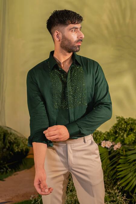 Buy_Runit Gupta_Green Velvet Embroidery Cutpipe Hand Shirt _Online_at_Aza_Fashions