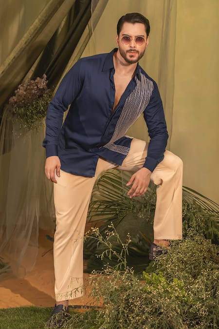 Runit Gupta Cutpipe Circle Embroidered Blue Shirt 