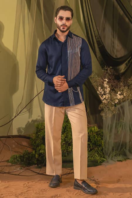 Buy_Runit Gupta_Blue Silk Embroidery Cutpipe Circle Shirt _Online_at_Aza_Fashions