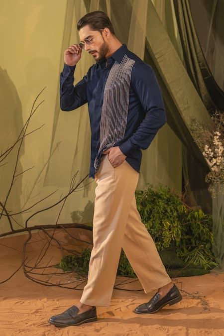 Shop_Runit Gupta_Blue Silk Embroidery Cutpipe Circle Shirt _Online_at_Aza_Fashions