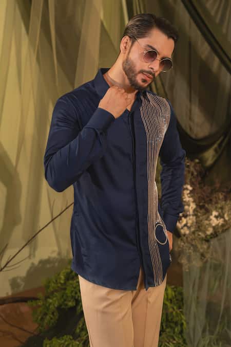 Runit Gupta_Blue Silk Embroidery Cutpipe Circle Shirt _at_Aza_Fashions