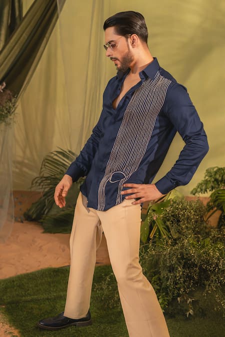 Buy_Runit Gupta_Blue Silk Embroidery Cutpipe Circle Shirt 