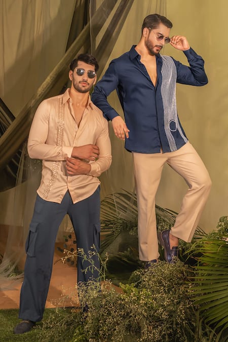 Shop_Runit Gupta_Blue Silk Embroidery Cutpipe Circle Shirt 