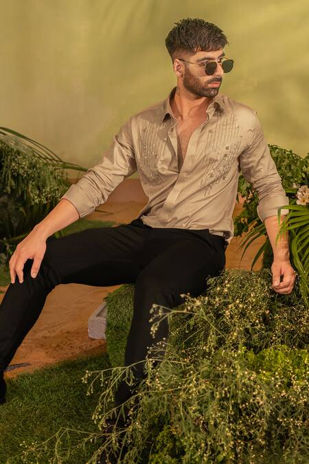 Shop_Runit Gupta_Gray Silk Embroidery Geometric Cutpipe Shirt _Online_at_Aza_Fashions