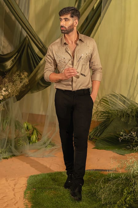 Runit Gupta_Gray Silk Embroidery Geometric Cutpipe Shirt _at_Aza_Fashions