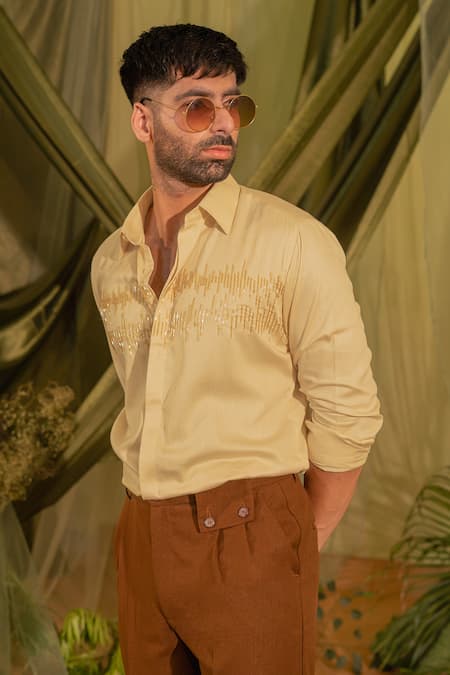 Shop_Runit Gupta_Cream Silk Cut Work Cutpipe Hand Embroidered Shirt _at_Aza_Fashions