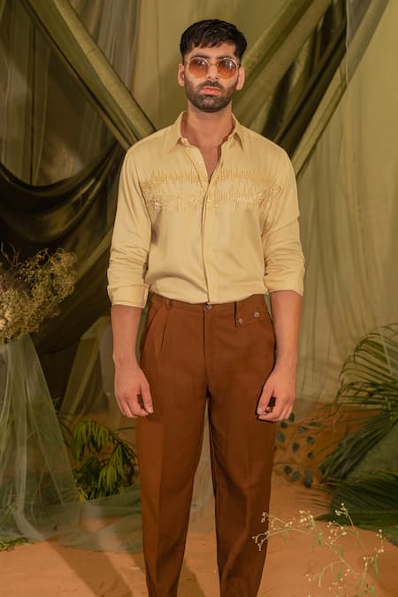 Runit Gupta_Cream Silk Cut Work Cutpipe Hand Embroidered Shirt _Online_at_Aza_Fashions