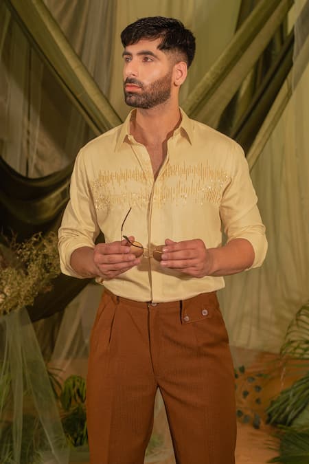 Buy_Runit Gupta_Cream Silk Cut Work Cutpipe Hand Embroidered Shirt _Online_at_Aza_Fashions