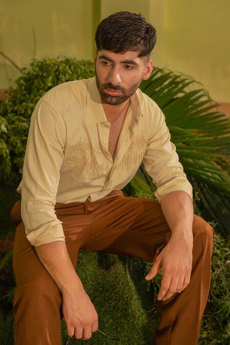 Shop_Runit Gupta_Cream Silk Cut Work Cutpipe Hand Embroidered Shirt _Online_at_Aza_Fashions