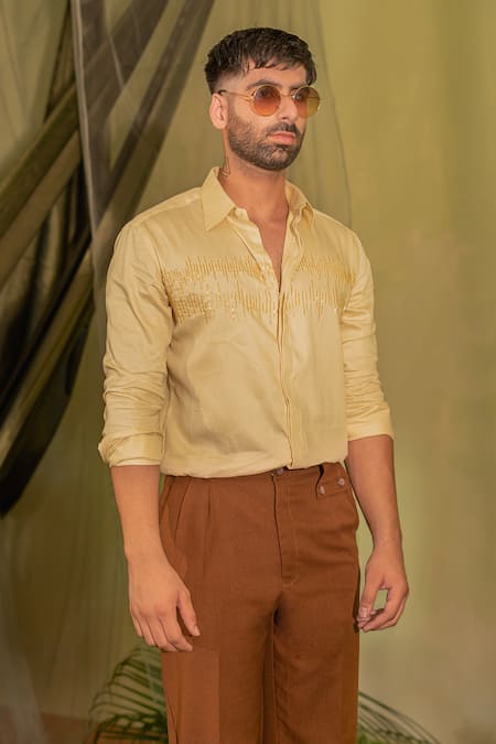 Runit Gupta_Cream Silk Cut Work Cutpipe Hand Embroidered Shirt _at_Aza_Fashions