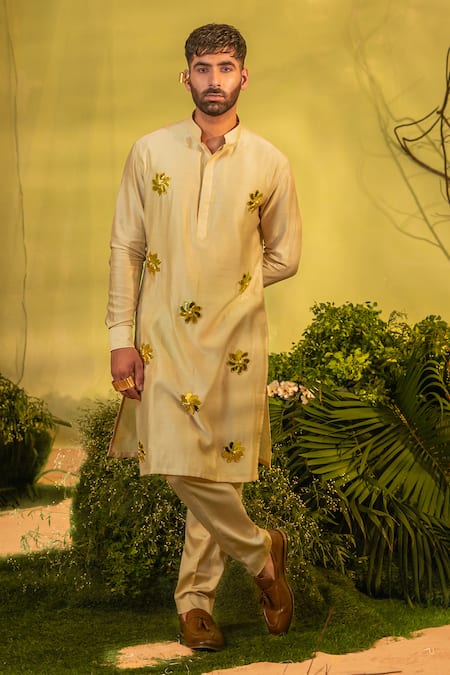 Runit Gupta_Cream Chanderi Silk, Velvet Mirrors Motif Embroidered Kurta And Pant Set _Online_at_Aza_Fashions