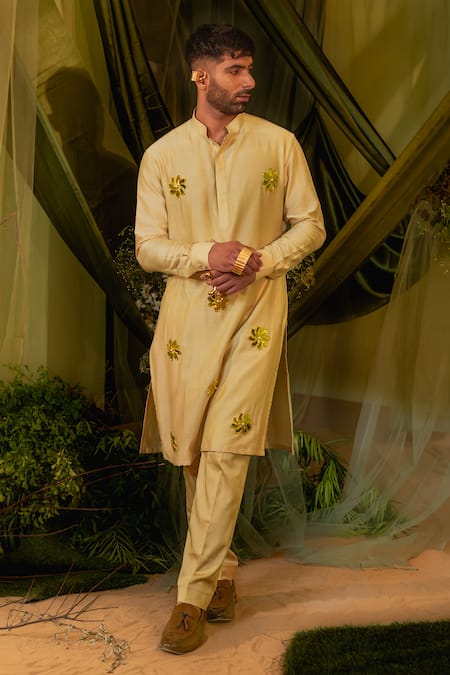 Buy_Runit Gupta_Cream Chanderi Silk, Velvet Mirrors Motif Embroidered Kurta And Pant Set _Online_at_Aza_Fashions